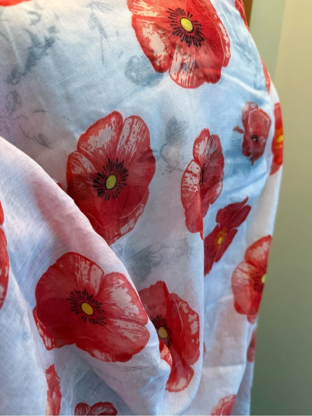 Lightweight Red White Floral Shawl/Scarf/Sarong  32 x70”- Poppies